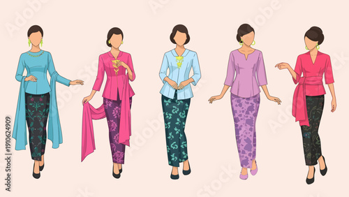 An illustration showcasing five women dressed in various styles of traditional Southeast Asian Kebaya blouses and batik sarongs, highlighting cultural fashion.
