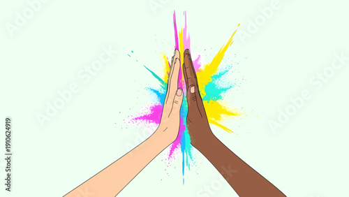 Two diverse hands high-fiving with a vibrant explosion of colorful powder, symbolizing unity, celebration, and collaboration.