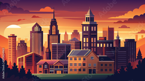 Very beautiful skyline silhouette of a prominent university city at sunset, highlighting distinctive academic towers and urban architecture against a glowing orange horizon.

