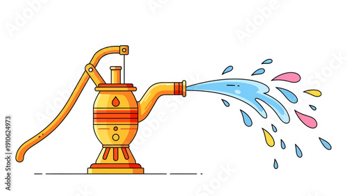 Illustration of a vintage golden hand water pump with water gushing out and colorful droplets splashing around.