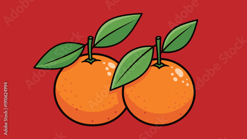 Two vibrant cartoon oranges with green leaves on a bold red background, illustrating fresh citrus fruit.