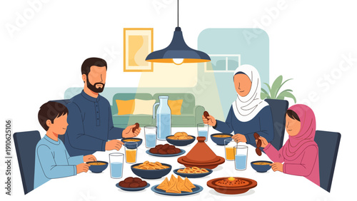 A Muslim family enjoying Iftar dinner together at home, breaking their fast during Ramadan with traditional food and drinks.