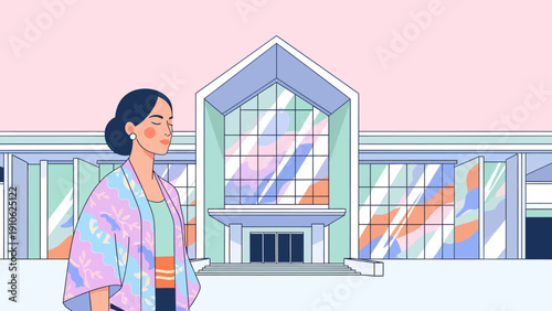 An illustration of a serene woman with closed eyes wearing a colorful kimono in front of a modern building with large glass windows.