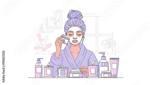An illustration of a woman in a bathrobe with a face mask using a facial roller, surrounded by various skincare products and candles, depicting a self-care beauty routine.