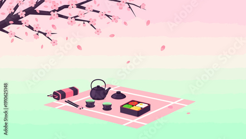 A charming flat illustration of a Japanese-style picnic under a cherry blossom tree with a teapot, cups, and a bento box on a pink blanket.