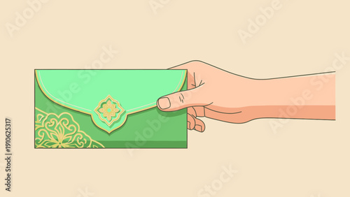 A human hand extends a beautifully decorated green envelope with intricate gold patterns, possibly a money packet or gift for a festive occasion.