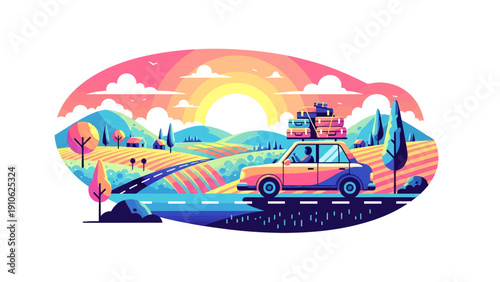 Vibrant illustration of a car with luggage driving on a winding road through a colorful, stylized landscape at sunset, depicting a joyful summer road trip.