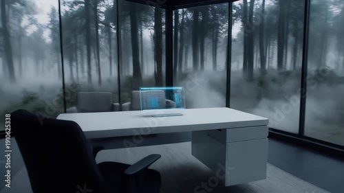 A background of a futuristic home office with a 360-degree view of a foggy forest, ultra-minimalist white desk.
