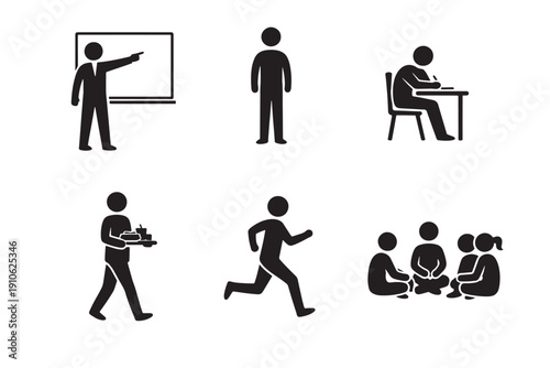 AIzaSyALIlE4TtMBn_NtB1nD4IkjCIqNNO1_fO0 Human activity icons – teaching, studying, serving, running, group discussion. Versatile vector graphics