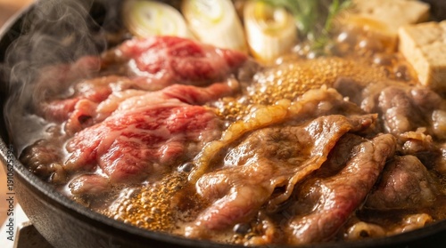 Sukiyaki beef simmering in a hot iron pot(鉄鍋でグツグツと煮えるすき焼きの牛肉)
