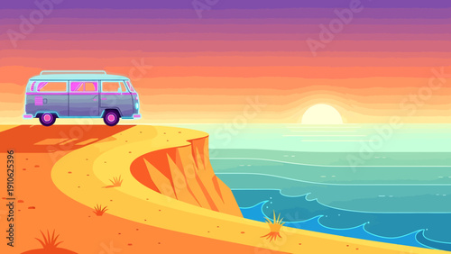 A retro camper van parked on a scenic coastal cliff overlooking the ocean during a vibrant sunset.