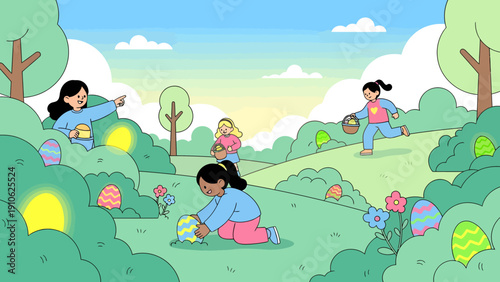 Children enjoying an outdoor Easter egg hunt in a vibrant park setting with colorful eggs hidden among bushes and hills.