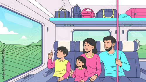 A family of four, including parents and two children, traveling by train and looking out the window at a green, hilly landscape.