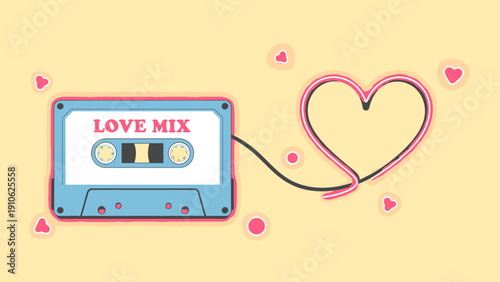 A retro audio cassette labeled 'LOVE MIX' with its magnetic tape forming a heart shape, symbolizing a romantic playlist.