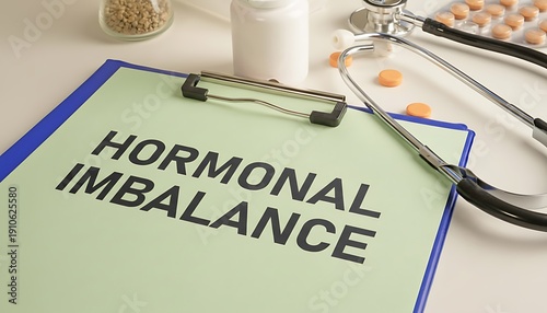 Clipboard medical report with hormonal imbalance text, stethoscope and pills on clinic desk, healthcare concept for endocrinology, diagnosis, treatment and wellness