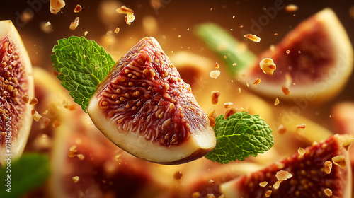 Juicy fig slice with mint leaves and crumbs floating on warm blurred background
