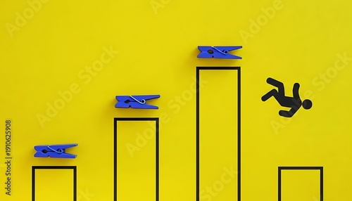 Bar chart concept with blue clothespins on rising columns and falling stick figure icon, minimal flat lay on yellow background, business failure and risk metaphor