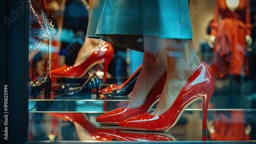 Vibrant red high heels on stylish display in a chic boutique window, illuminated by surrounding lights, captivating passersby with glamour and fashion appeal during the evening hours