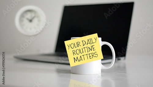 Cup white coffee mug with sticky note and motivational message on desk featuring routine, motivation, productivity with workspace and laptop elements for clock, reminder projects, clean composition