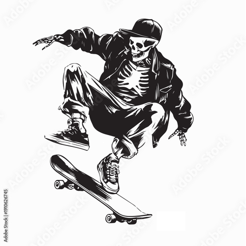 Skateboarding Skeleton Cool Jump Trick Vector Illustration