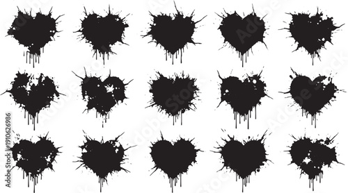Grunge heart shapes with splatter and drip effects, abstract design elements for valentine and love themes