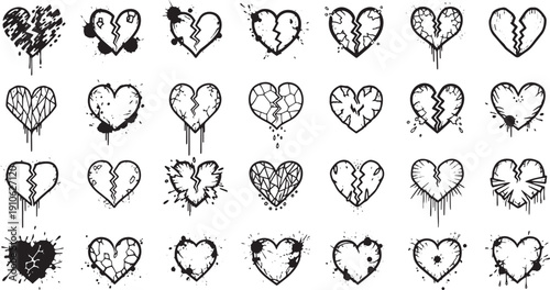 Collection of broken heart shapes with splatter and drip effects, distressed and artistic icons