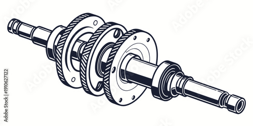 A detailed illustration of a mechanical crankshaft with various components and parts.