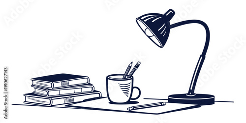 A cozy workspace with a lamp, coffee, and a stack of books