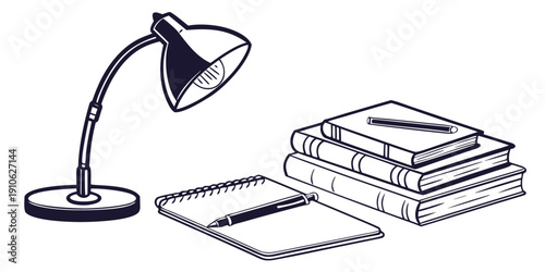 A desk lamp illuminating a stack of books and a notebook for studying