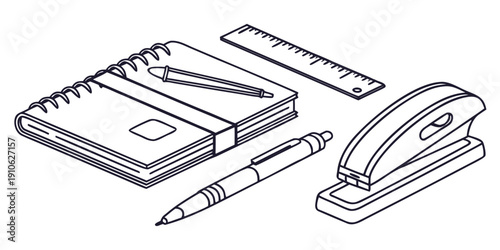 A collection of office supplies including a notebook, pen, ruler, and stapler.