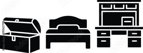 Collection of black silhouette furniture icons featuring a chest a bed and a desk