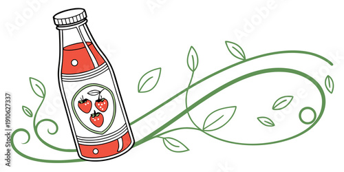 A whimsical illustration of a soda bottle with a smiling face and leafy vines.