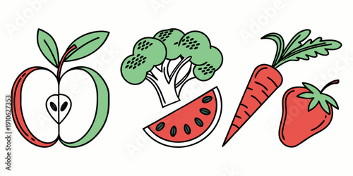 Colorful and playful illustrations of various fruits and vegetables