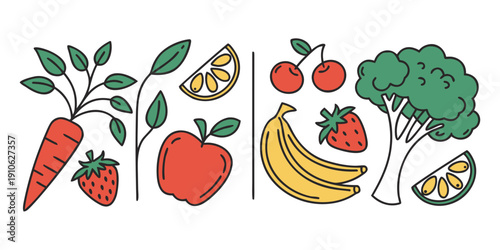 A vibrant illustration of various fruits and vegetables in a garden setting