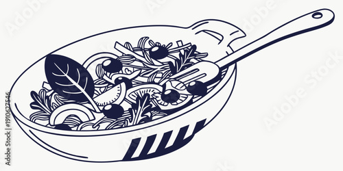 A detailed illustration of a frying pan filled with a variety of cooked vegetables.