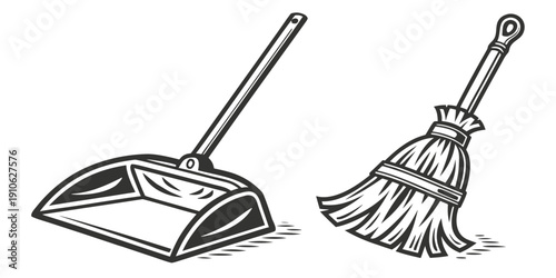 Two cleaning tools, a dustpan and a broom, illustrated in black and white