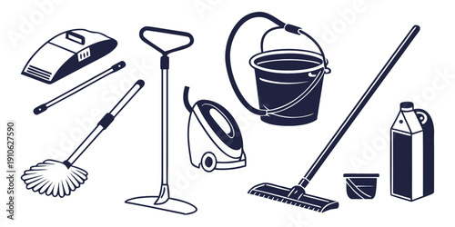 Assorted cleaning tools and equipment arranged on a white background
