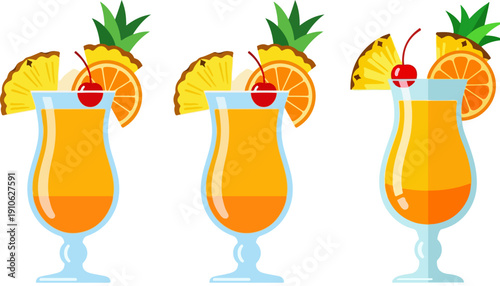 Orange and yellow tropical cocktail vector with pineapple, orange slice, and cherry garnish, isolated on white