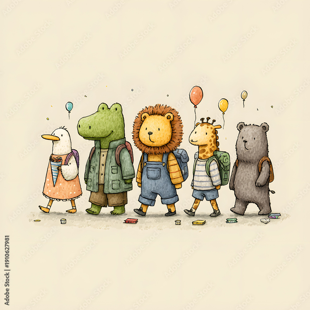 Fototapeta premium Animal friends walking to school with backpacks