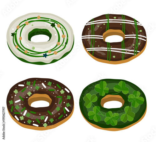 Set of Happy St Patrick day sweet donuts. Irish holiday sweets, cartoon vector illustration. Green cookie desserts for Saint Patrick pastry and holiday party