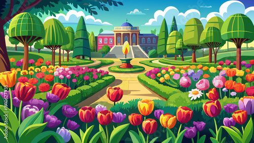 Very beautiful vibrant tulip garden in a public park in Maryland, showcasing colorful spring flowers, manicured lawns, and peaceful residential surroundings.
