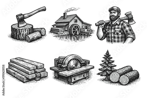 Vintage lumberjack and woodworking engraving set, retro carpentry tools and sawmill sketches in woodcut style