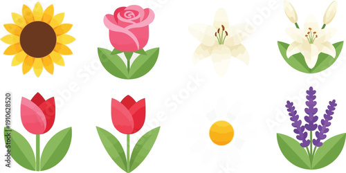 Floral Flourish: A colorful array of stylized flowers in full bloom. A vibrant collection that embodies beauty and the delicate essence of nature. 