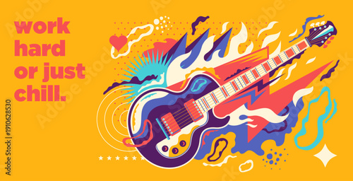 Conceptual illustration with an electric guitar and colorful abstract shapes. Vector illustration.