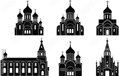 Black silhouette Orthodox church illustrations featuring onion domes, crosses, and diverse architectural styles, perfect for religious, cultural, 