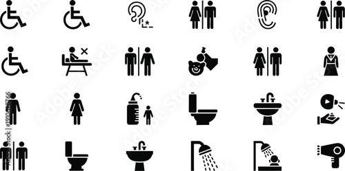 Public Facilities Symbols: A concise collection of universal symbols that represent a spectrum of public facilities, including accessible restrooms, sensory accommodations, and inclusive amenities.