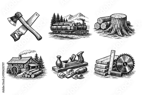 Vintage lumberjack and woodworking engraving set, retro carpentry tools and sawmill sketches in woodcut style