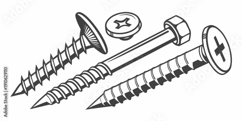 Assorted screws and bolts with a washer in a black and white illustration