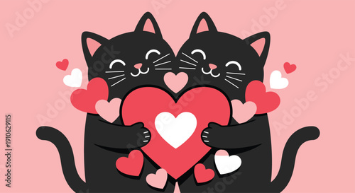 Two black cats hugging a red heart with surrounding love hearts