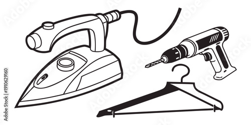 Assorted tools including a steamer, screwdriver, and a pair of scissors